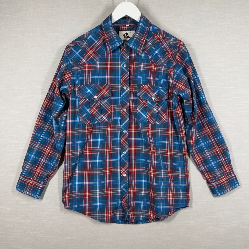 Coevals Club Button Down Mens Small Blue Plaid Casual Classic Pearl Snap Western
